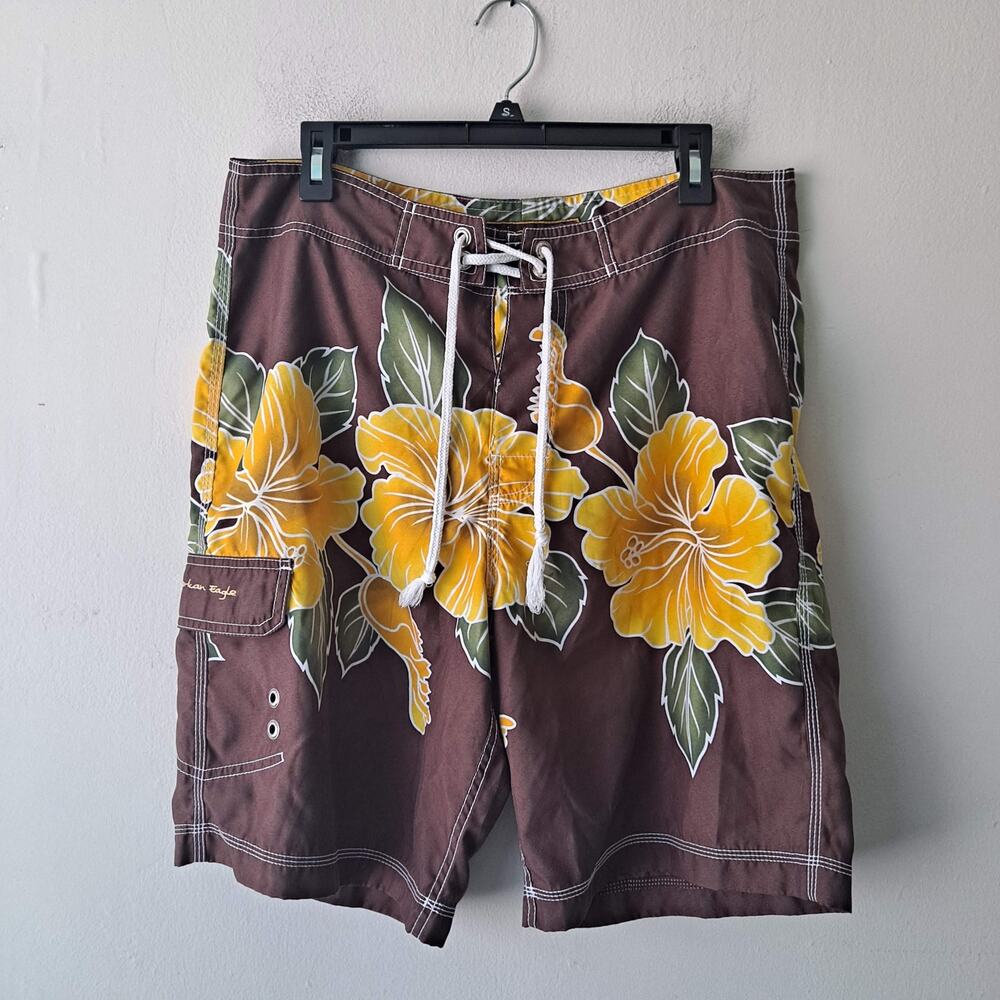American Eagle Brown, Yellow & Green Floral Swim Trunk with Drawstring - Size 34